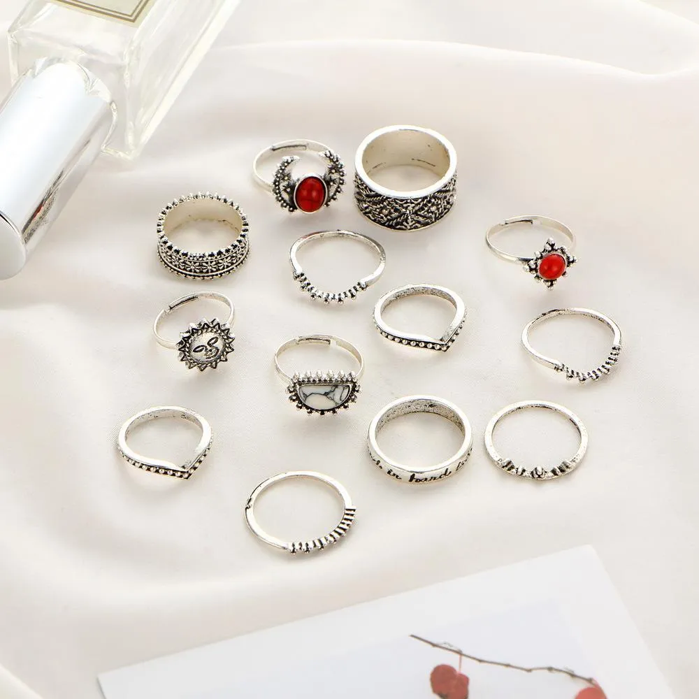 14 pcs Vintage silver carved floral ring red & white turquoise BOHO ring set