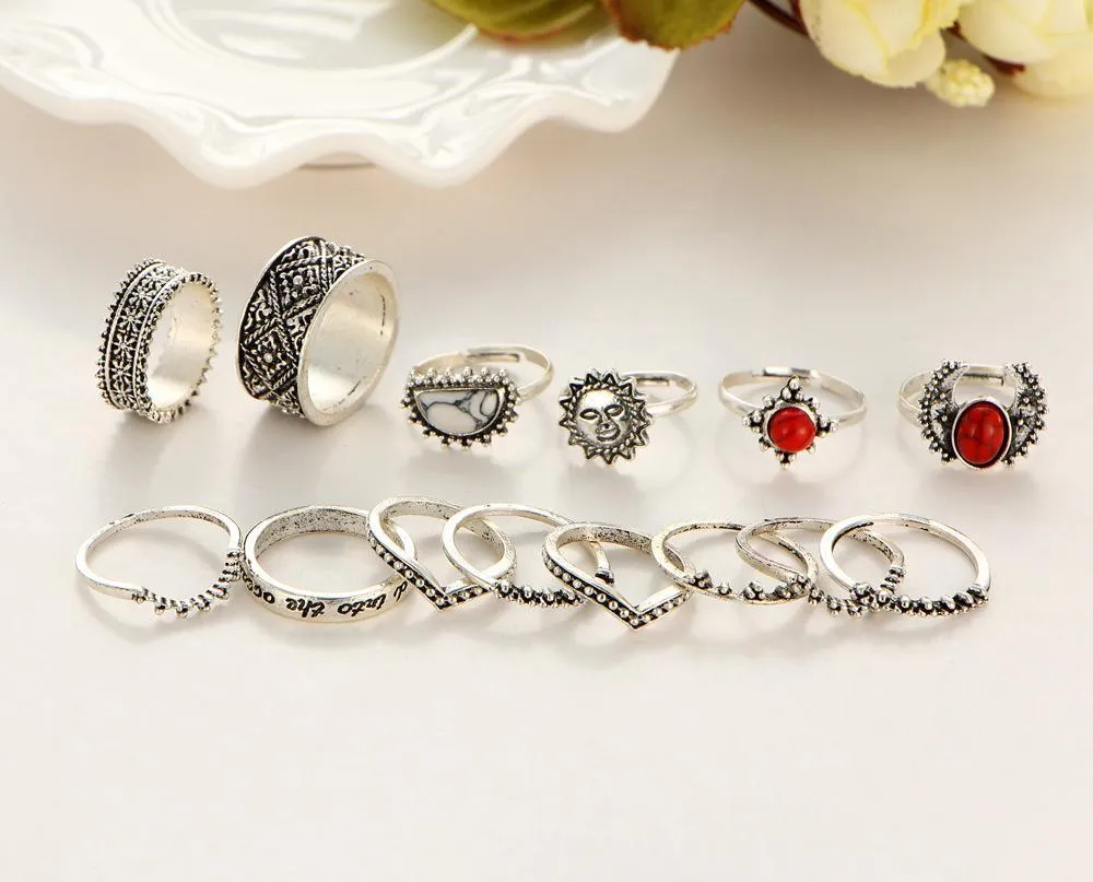 14 pcs Vintage silver carved floral ring red & white turquoise BOHO ring set