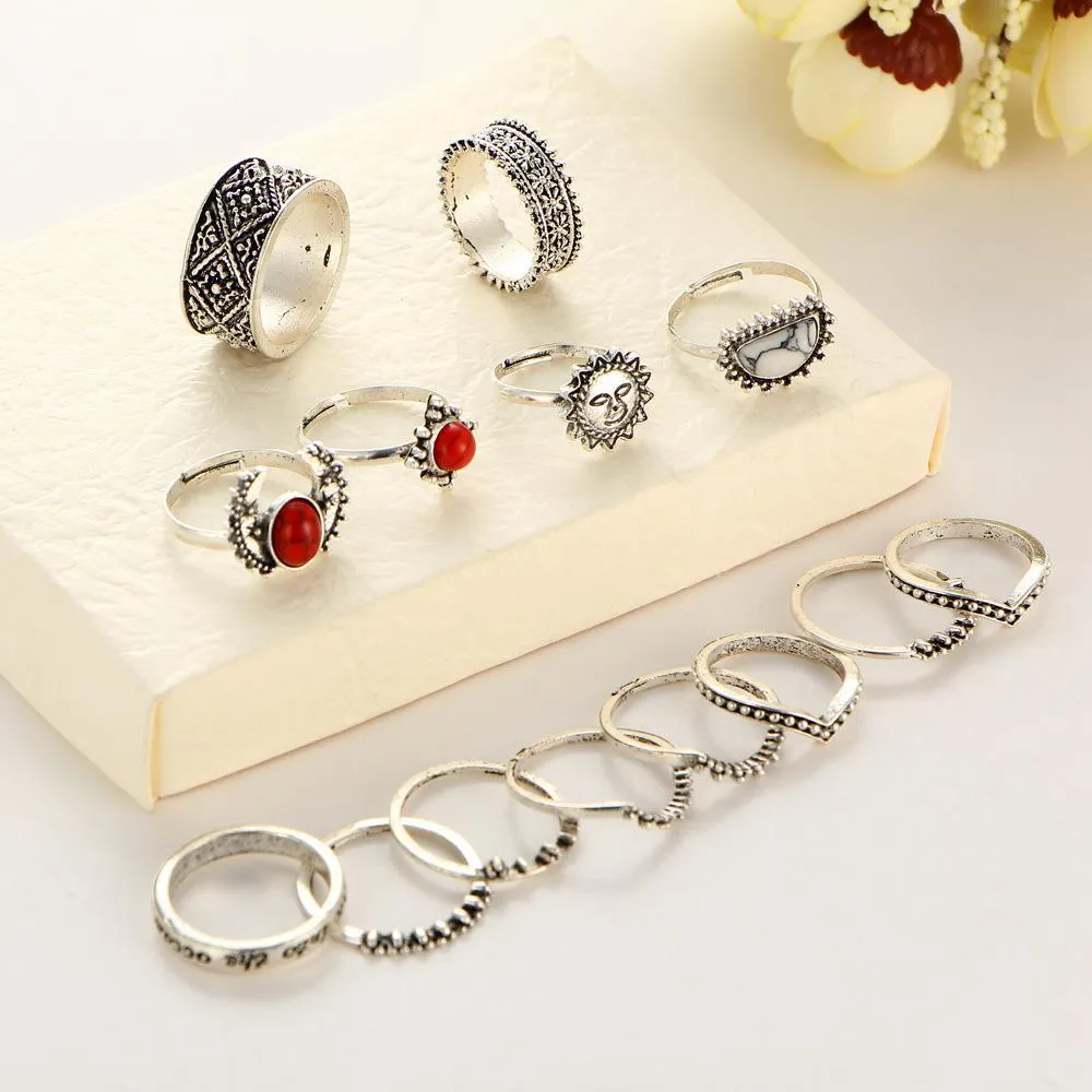 14 pcs Vintage silver carved floral ring red & white turquoise BOHO ring set
