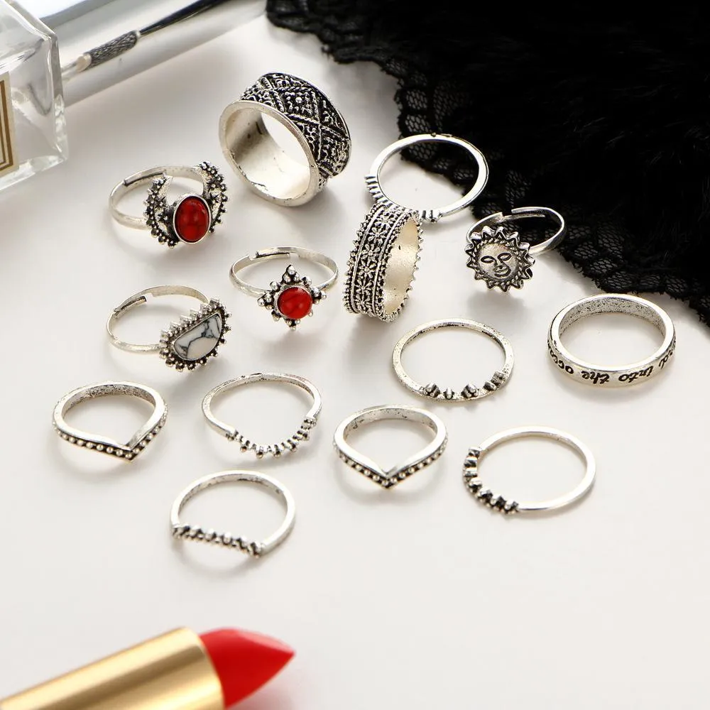 14 pcs Vintage silver carved floral ring red & white turquoise BOHO ring set