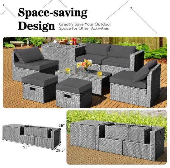8 Pieces Patio Rattan Furniture Set with Storage Waterproof Cover and Cushion