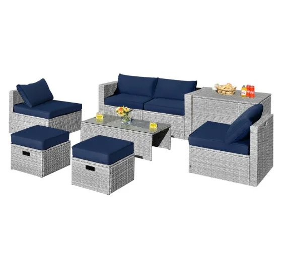 8 Pieces Patio Rattan Furniture Set with Storage Waterproof Cover and Cushion