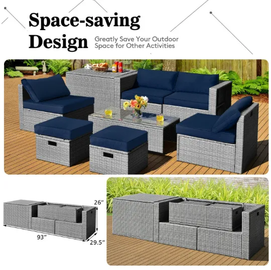 8 Pieces Patio Rattan Furniture Set with Storage Waterproof Cover and Cushion