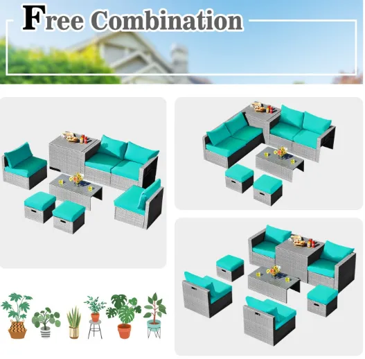 8 Pieces Patio Rattan Furniture Set with Storage Waterproof Cover and Cushion