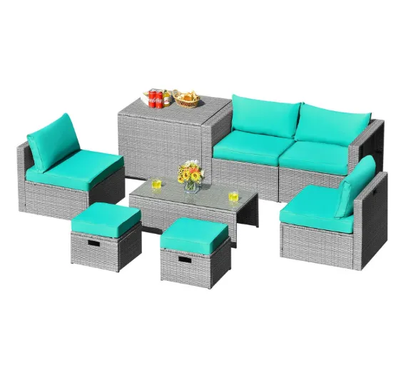 8 Pieces Patio Rattan Furniture Set with Storage Waterproof Cover and Cushion