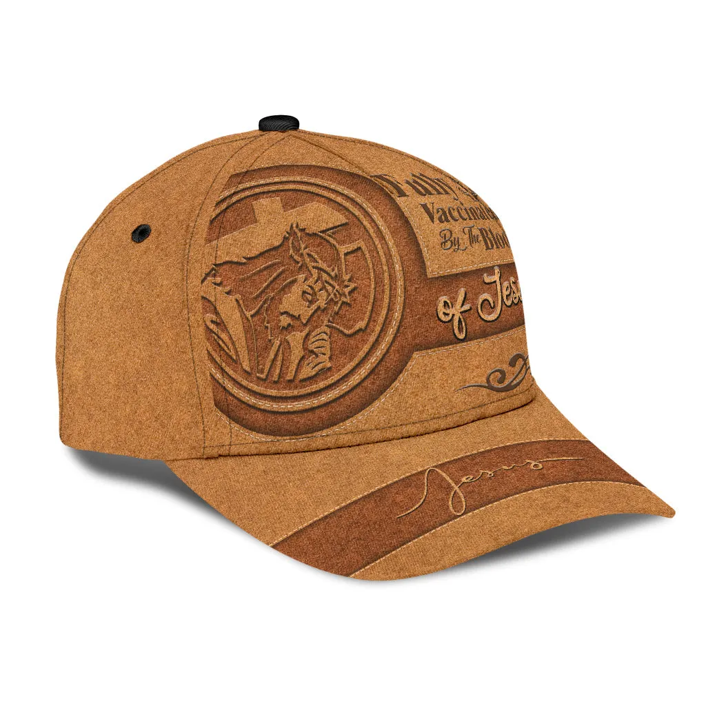 A Classic Cap Hat Fully Vaccinated By The Blood Of Jesus Leather Cover, Baseball Jesus Cap Hat