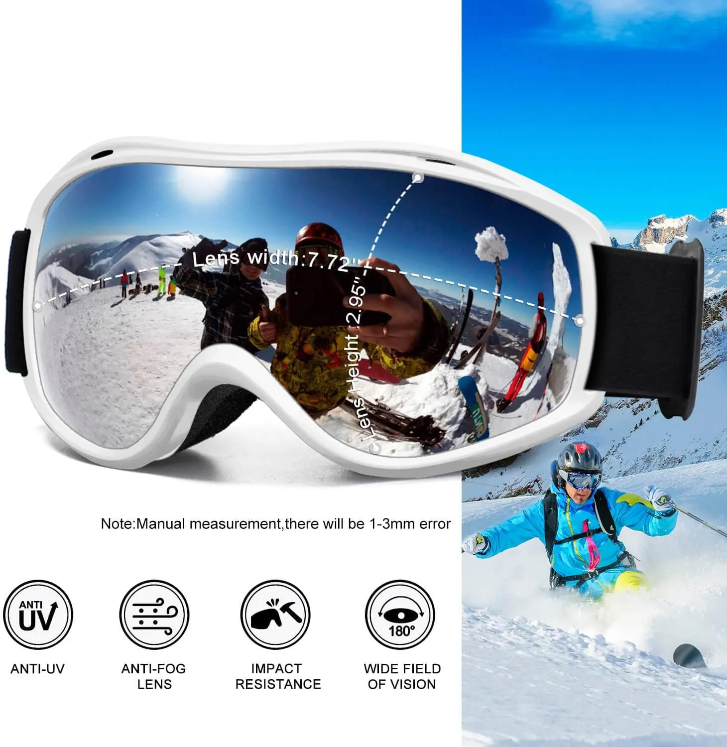 AVV Ski Goggles UV Protection, Anti-Fog Snowboard Snow Goggles OTG for Men Women Adults & Youths