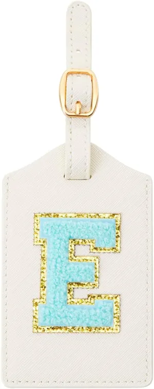 CHOIEO Initial Luggage Tag, PU Leather, Embroidered, Letter, Monogrammed, Luggage Tag for Baggage Bag Suitcase (E, White Leather Blue Letter)