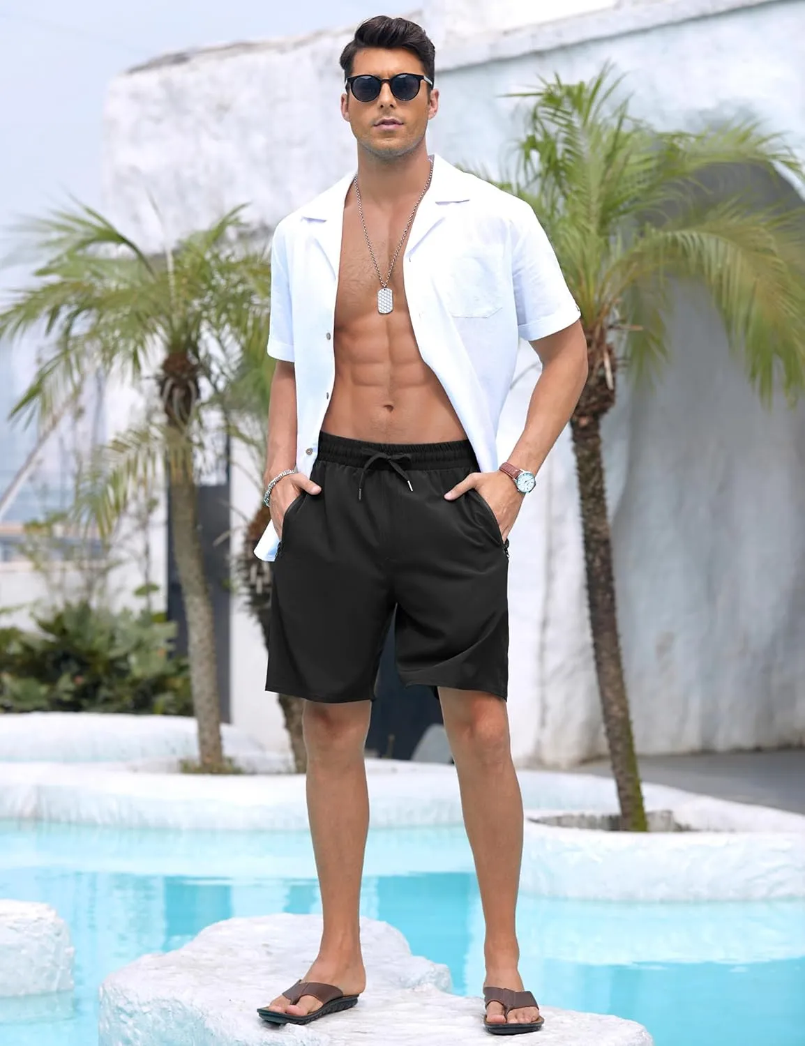 Cysincos Mens Swim Trunks with Compression Liner 7" 2 in 1 Quick Dry Swimming Swimwear Board Shorts with Zipper Pockets