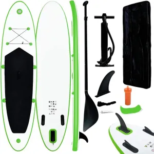 Durable and Stable Inflatable Stand Up Paddleboard Set for Recreation, Includes Oar, Pump, and Carrying Bag, Green and White