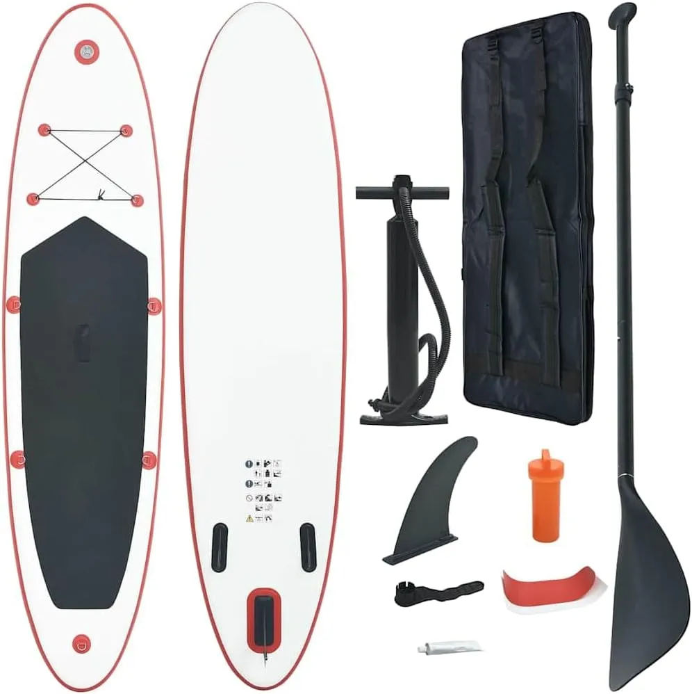 Enjoy Stability with Inflatable Stand Up Paddle Board Set, Includes Oar, Removable Fin, High-Pressure Pump, Red and White