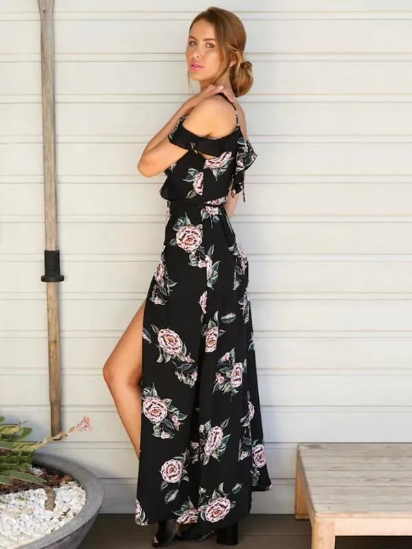 Floral Printed Spaghetti-neck Split-side Bohemia Maxi Dress