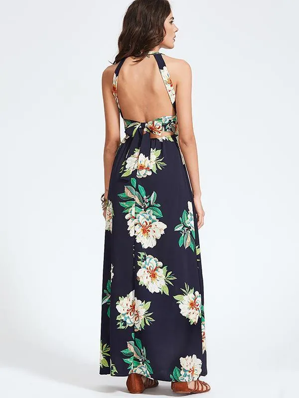 Floral Printed Spaghetti-neck Split-side Bohemia Maxi Dress