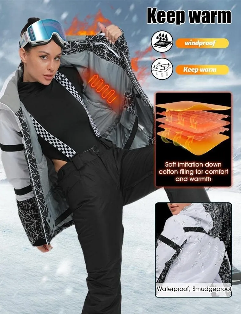 GS SNOWING Women's Ski Jackets and Pants Set Windproof Waterproof Insulated Snowsuit Winter Warm Snowboarding Snow Coat