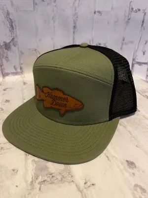 Hammer Down "Bass Script" Trucker Hat - Olive with Leather Patch