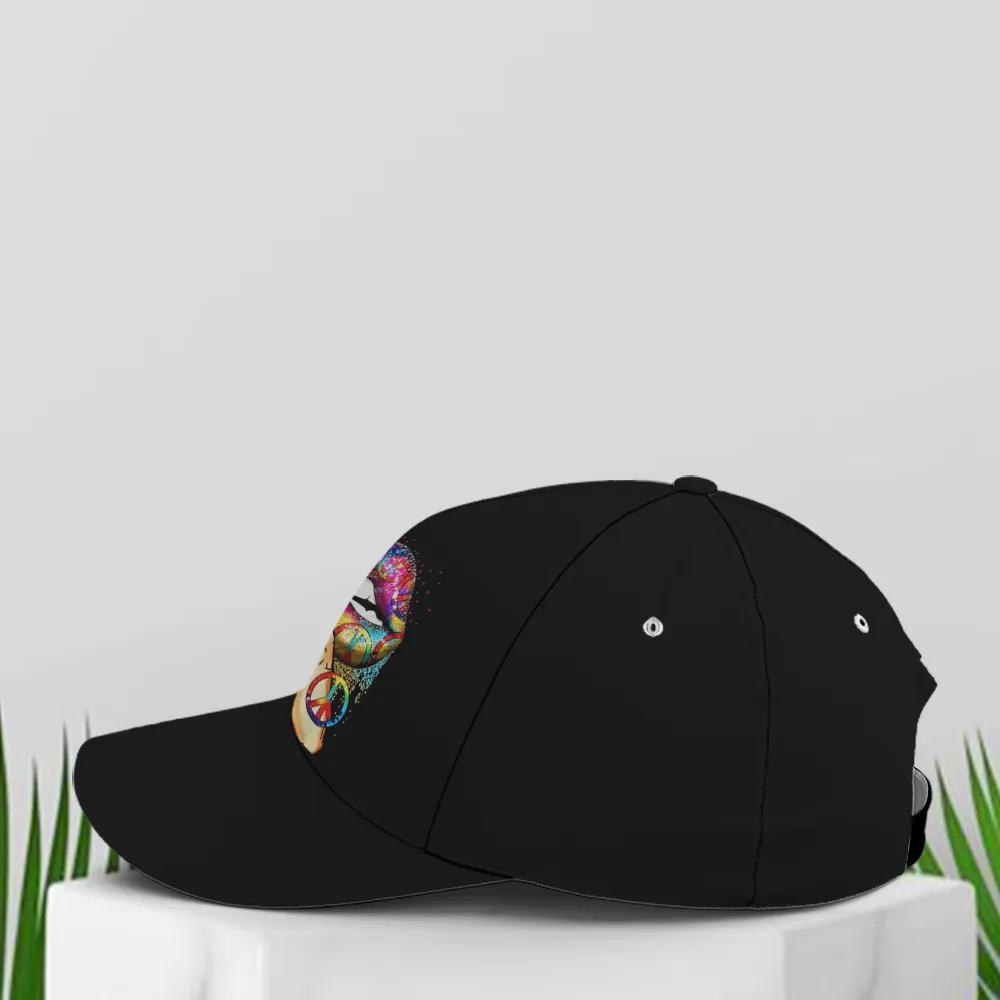 Hippie Girl Sassy Rainbow Lips Black Baseball Cap Coolspod