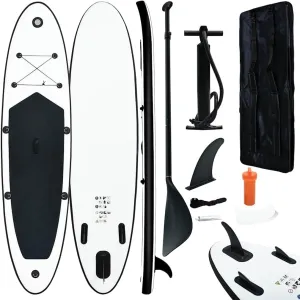 Inflatable Stand Up Paddle Board Set, Puncture-Proof, Black and White, Includes Oar, Fin, Pump, and Carrying Bag