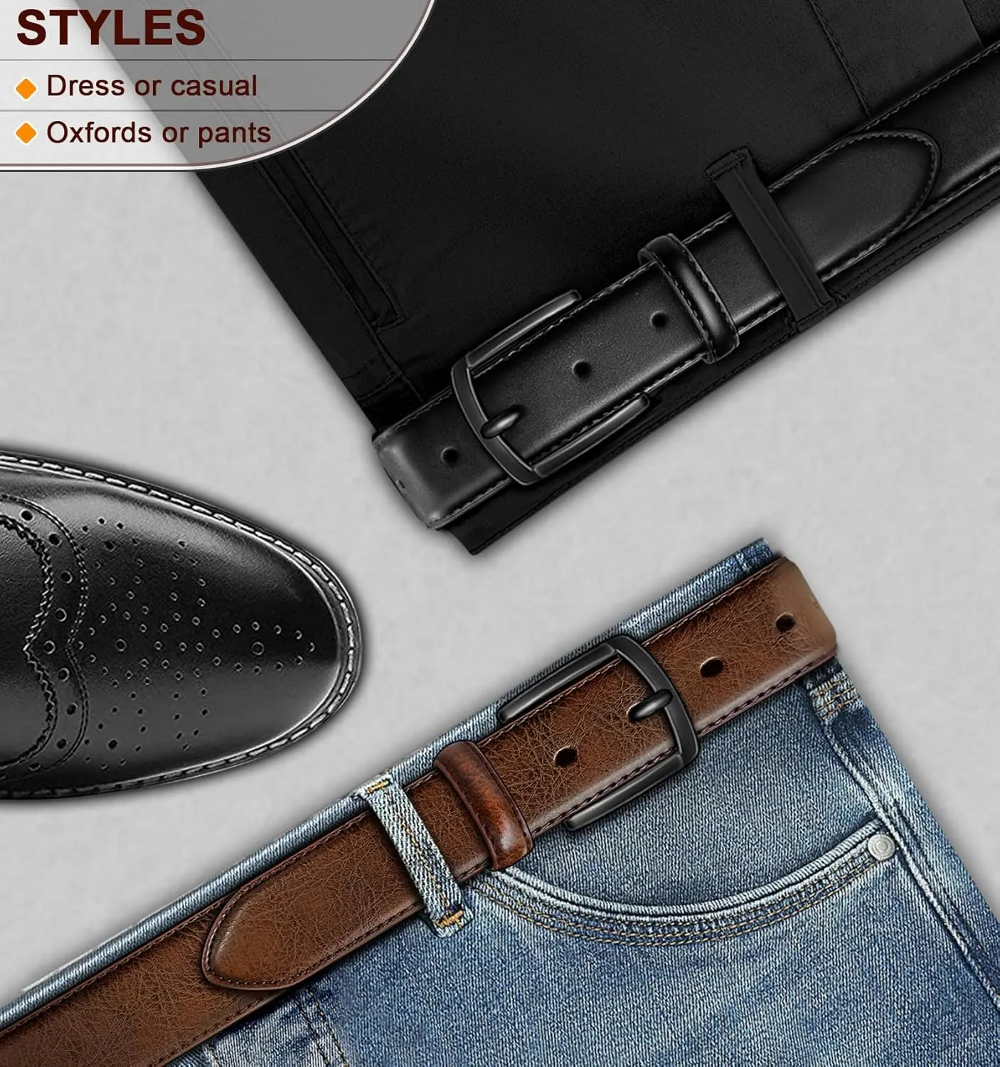 KEMISANT Men Belt 2Pack  Genuine Leather Belt for Men Dress Casual Golf Jeans 1 3/8"