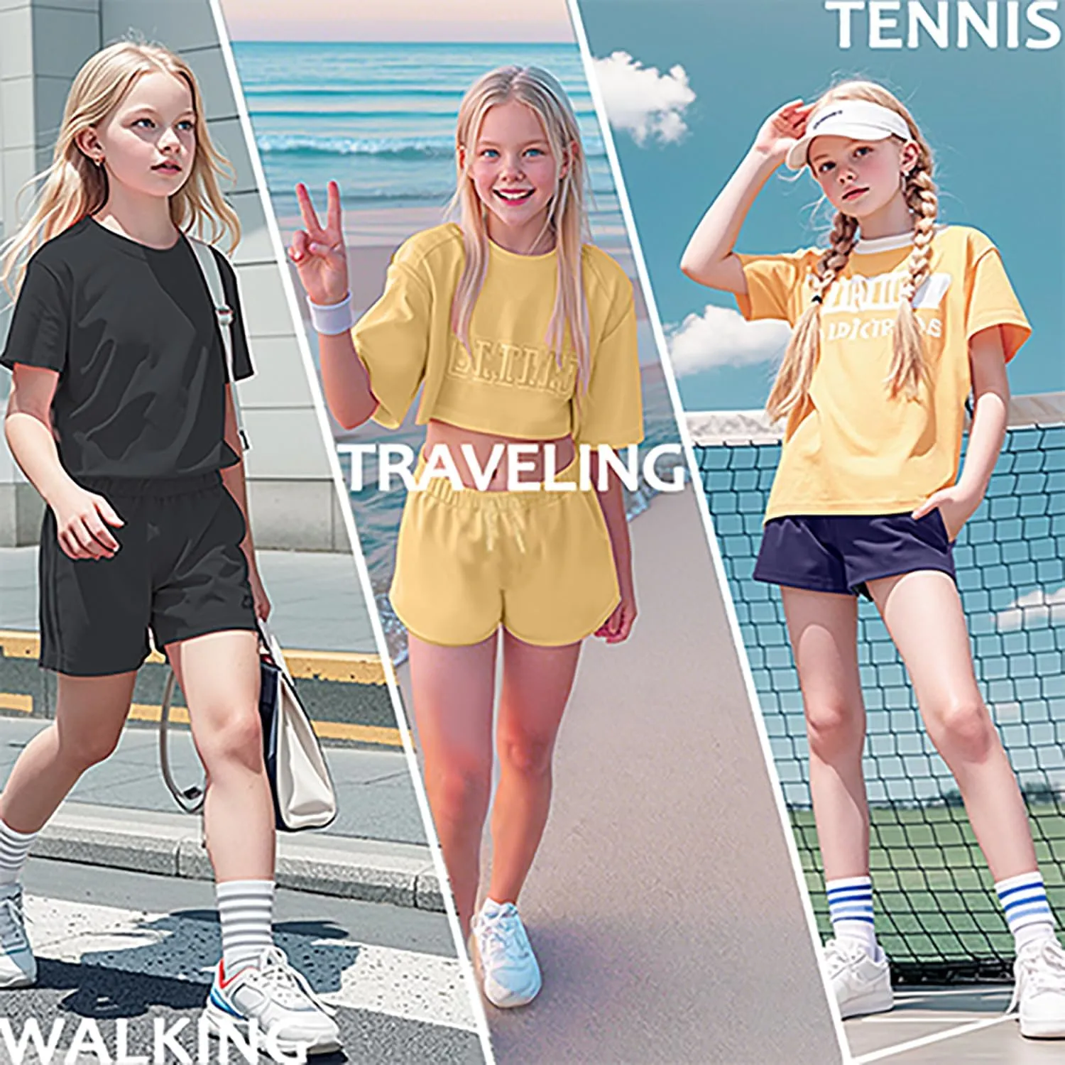 Kid Nation Girls Athletic Shorts Cotton Girls Running Shorts with Pockets Drawstring Kids Soccer Gym Workout Sports Shorts