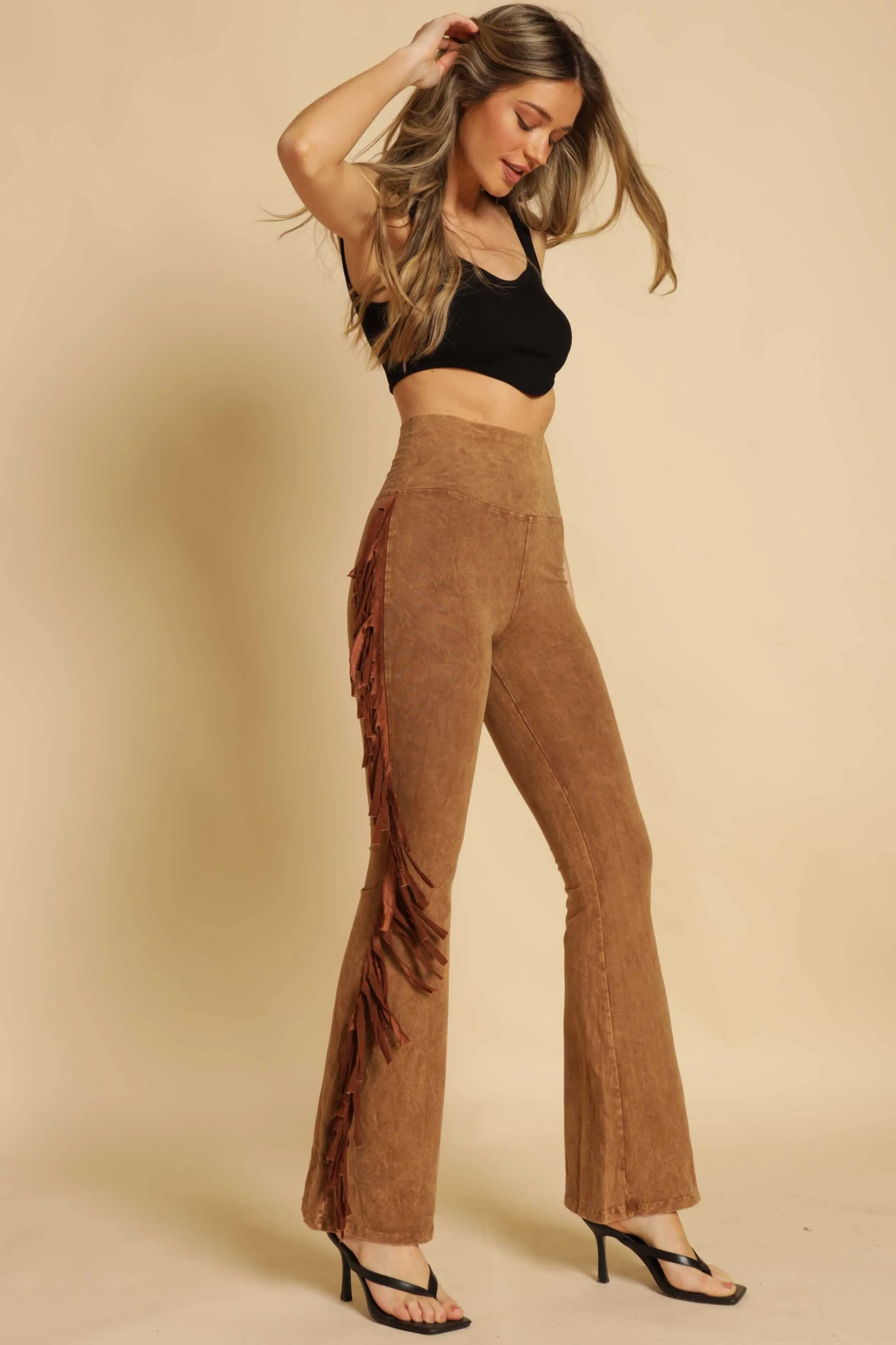 Lenny Mineral Washed Fringe Yoga Pants-Plus Size