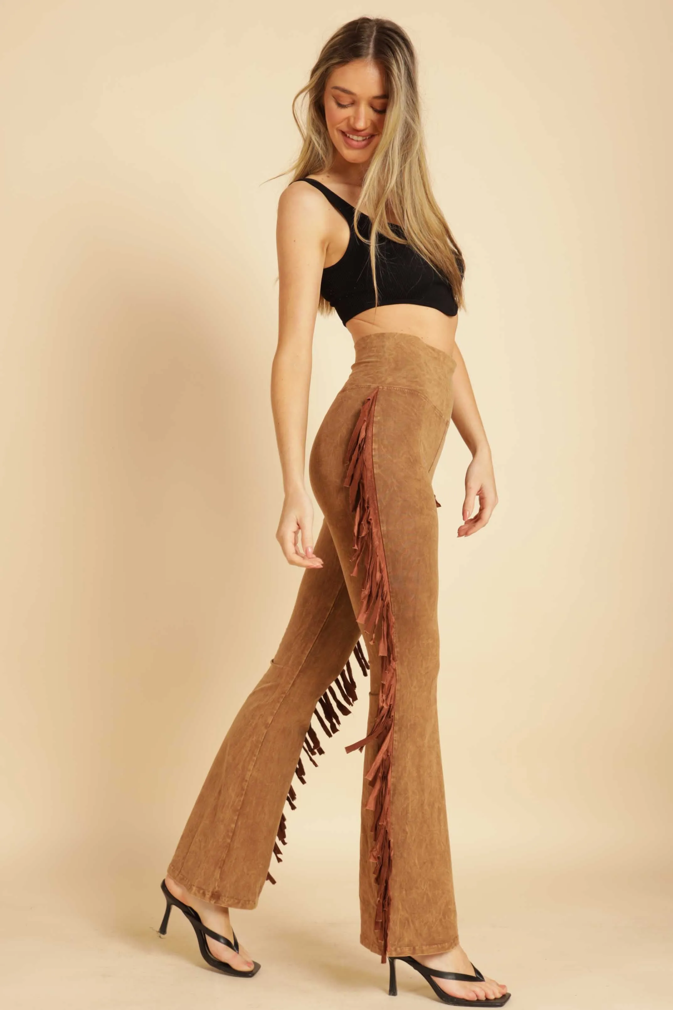 Lenny Mineral Washed Fringe Yoga Pants-Plus Size