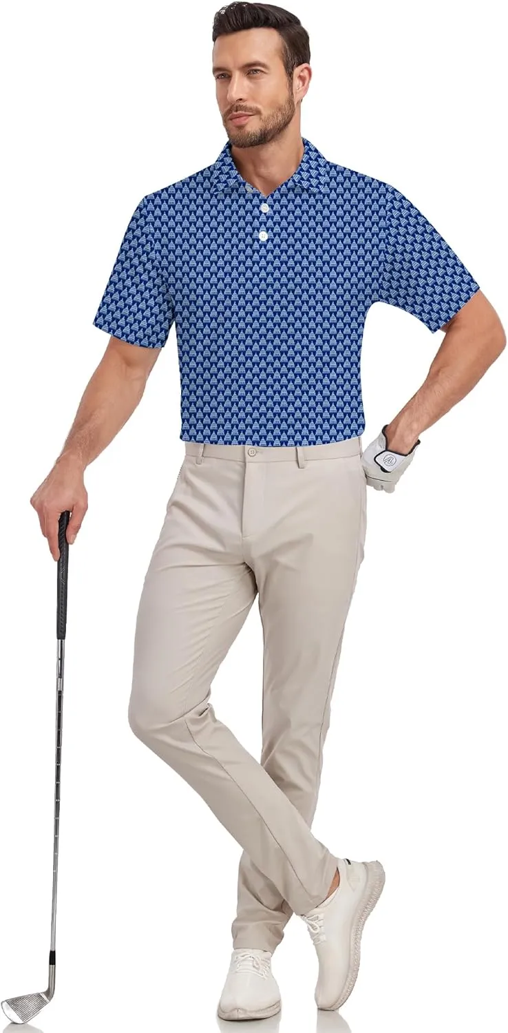 Mens Golf Shirt Relaxed Fit Printed Short Sleeve Performance Moisture Wicking Polo Shirt (S - 4XL)