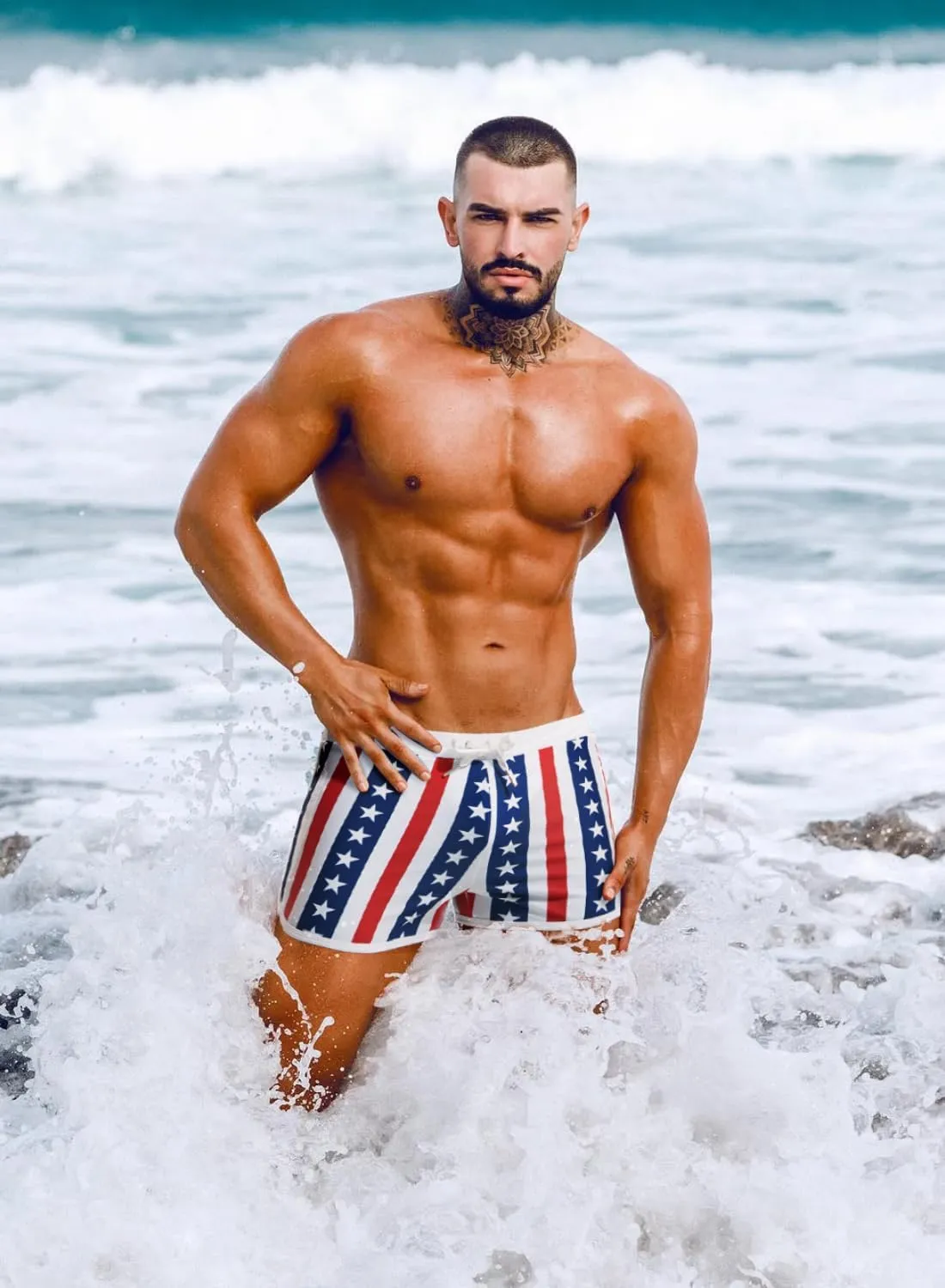 MIZOK Mens Hot Prints Swimwear Shorts Swimsuit Boxer Brief Long Thunk