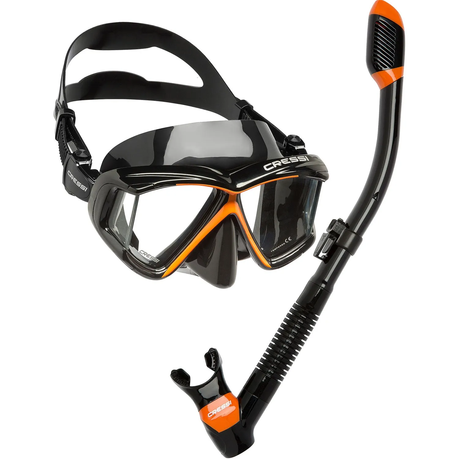 Open Box Cressi Pano 4 Mask Supernova Dry Adult Snorkel Set - Black / Orange / Black