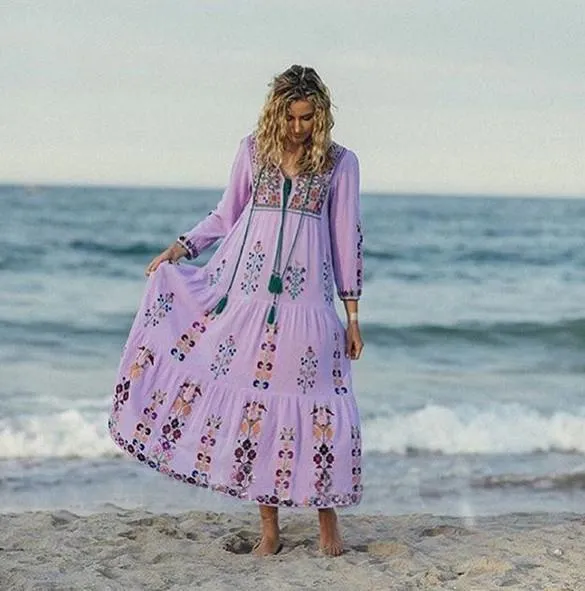 Print Long Sleeve Embroidered Bohemia Beach Maxi Dress