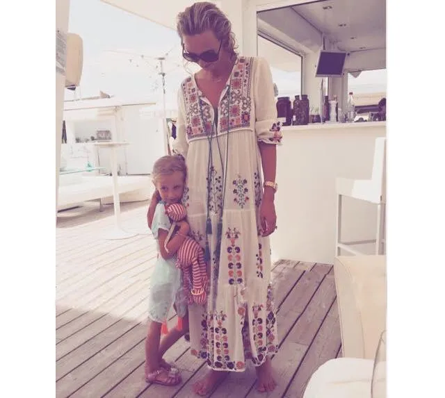 Print Long Sleeve Embroidered Bohemia Beach Maxi Dress