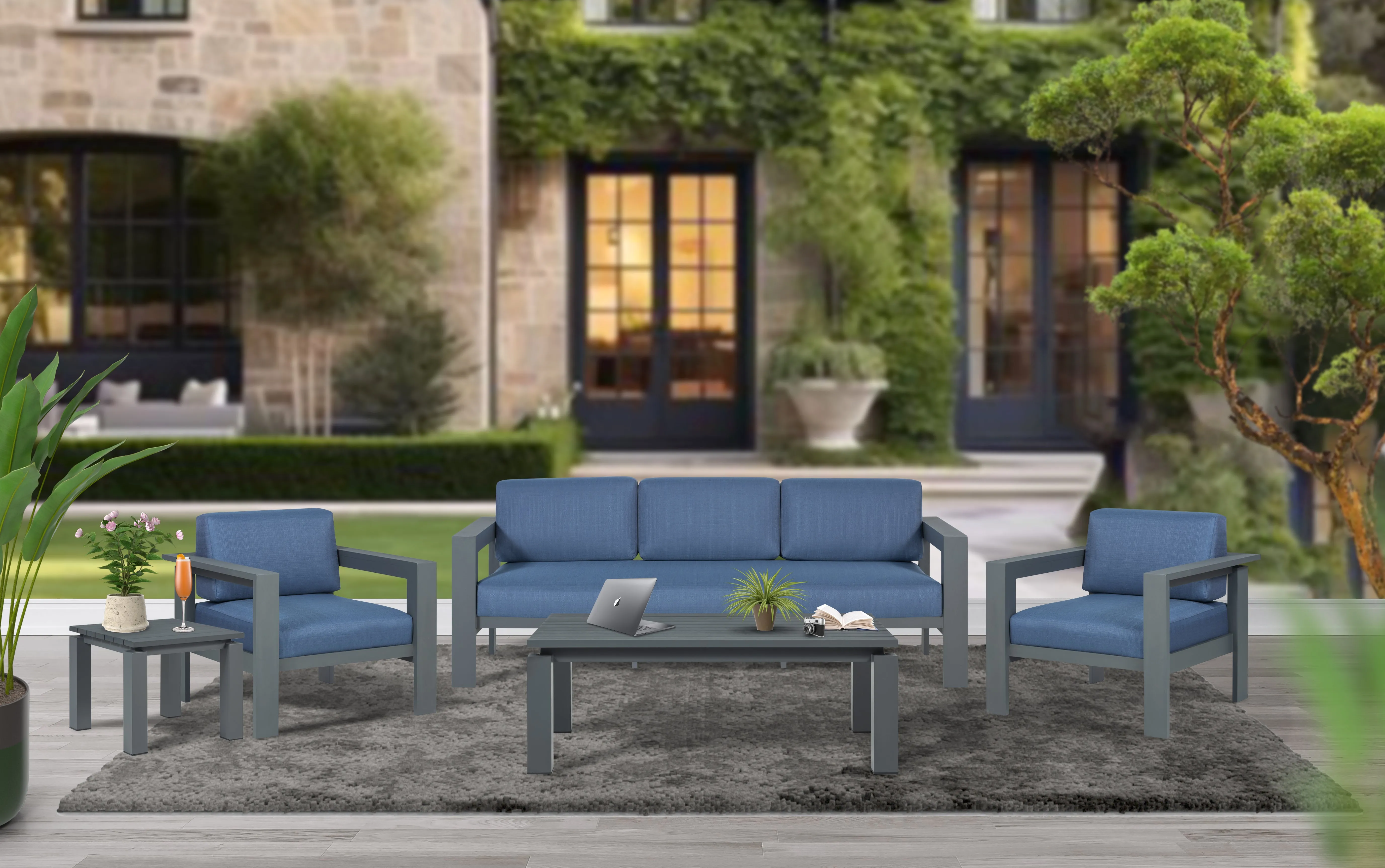 Sardinia Outdoor Arm Chair with Aluminum Metal Frame - Blue