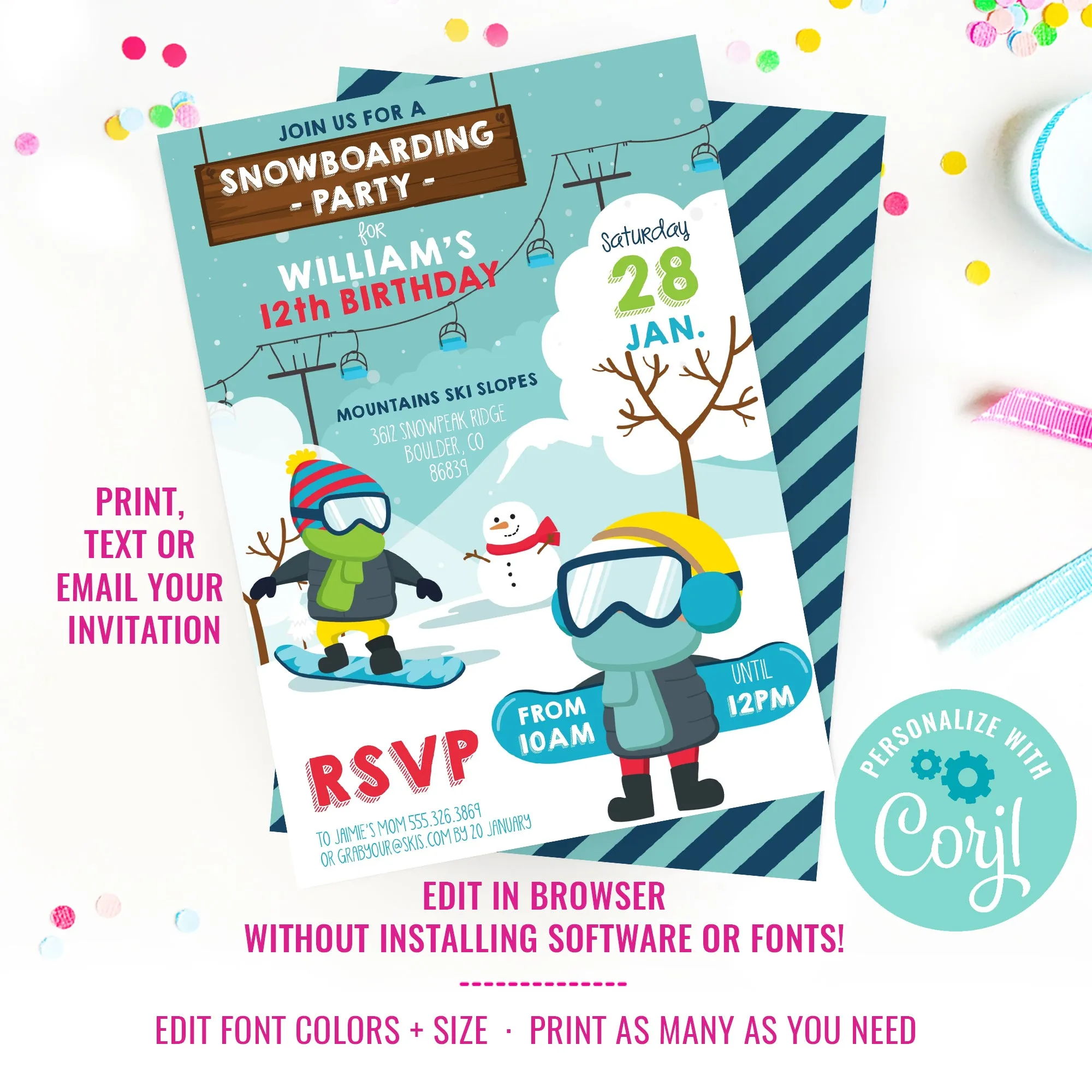 Snowboarding Party Invitation | Winter Party Invitation