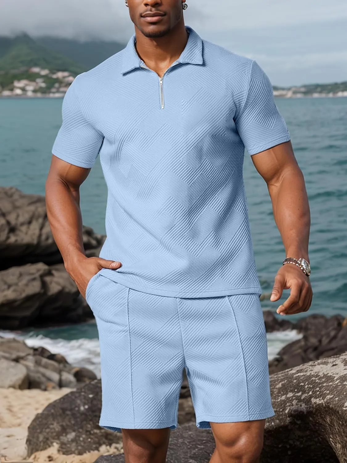UOUA Mens Summer Track Suits 2 Piece Shorts Sets Short Sleeve Sweatsuit Outfits 1/4 Zip Golf Polo Shirts Loungewear