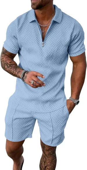 UOUA Mens Summer Track Suits 2 Piece Shorts Sets Short Sleeve Sweatsuit Outfits 1/4 Zip Golf Polo Shirts Loungewear