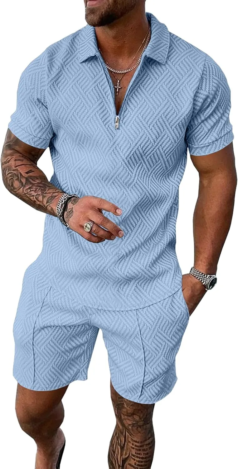 UOUA Mens Summer Track Suits 2 Piece Shorts Sets Short Sleeve Sweatsuit Outfits 1/4 Zip Golf Polo Shirts Loungewear