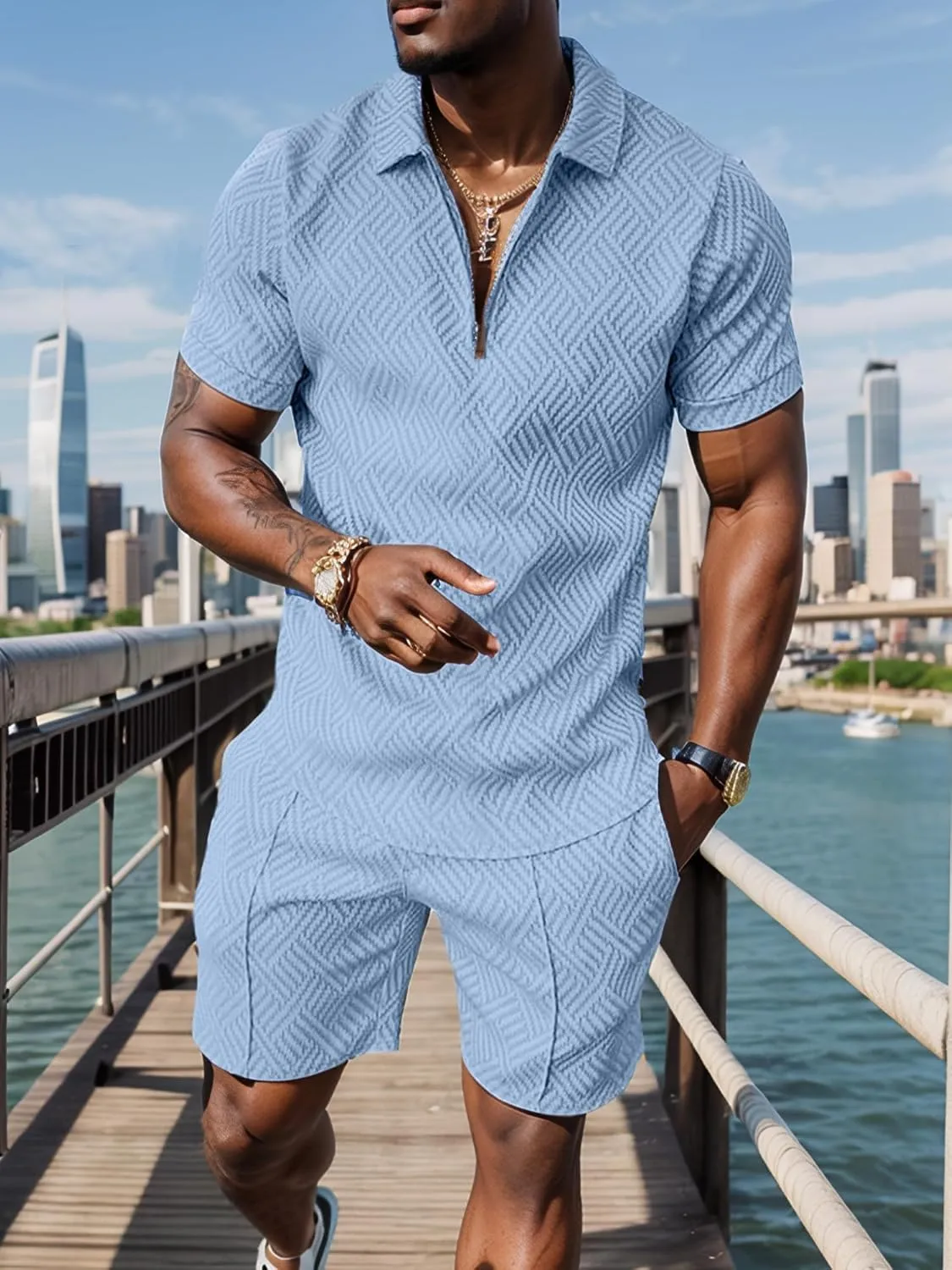 UOUA Mens Summer Track Suits 2 Piece Shorts Sets Short Sleeve Sweatsuit Outfits 1/4 Zip Golf Polo Shirts Loungewear
