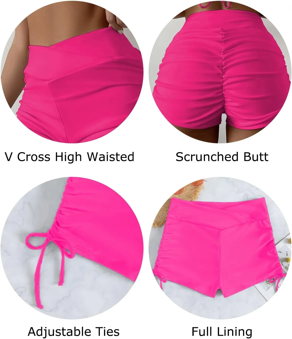 Women's V Cross High Waisted Swim Shorts Ruched Side Tie Boy Shorts Swimsuit Bottoms with Liner