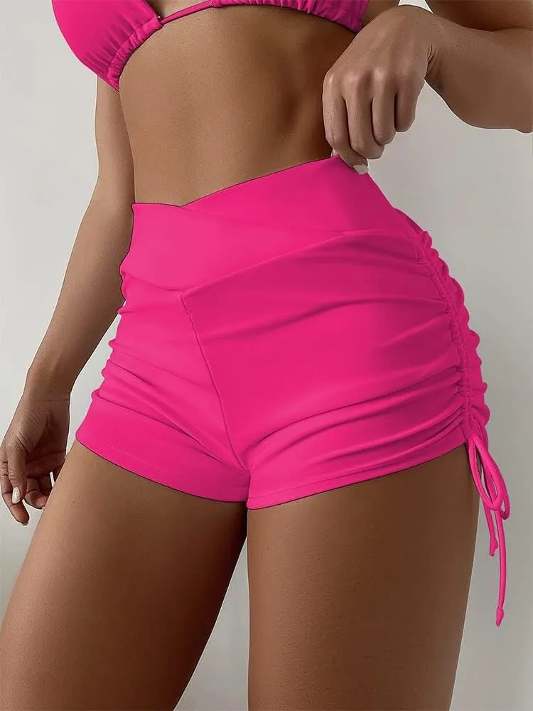 Women's V Cross High Waisted Swim Shorts Ruched Side Tie Boy Shorts Swimsuit Bottoms with Liner
