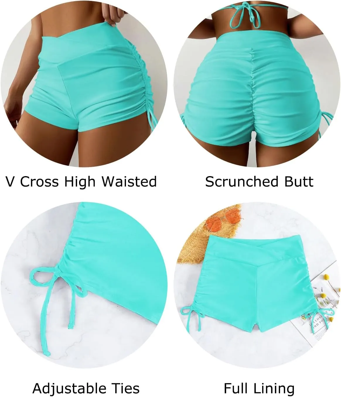 Women's V Cross High Waisted Swim Shorts Ruched Side Tie Boy Shorts Swimsuit Bottoms with Liner