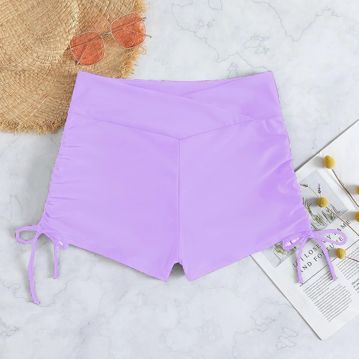 Women's V Cross High Waisted Swim Shorts Ruched Side Tie Boy Shorts Swimsuit Bottoms with Liner