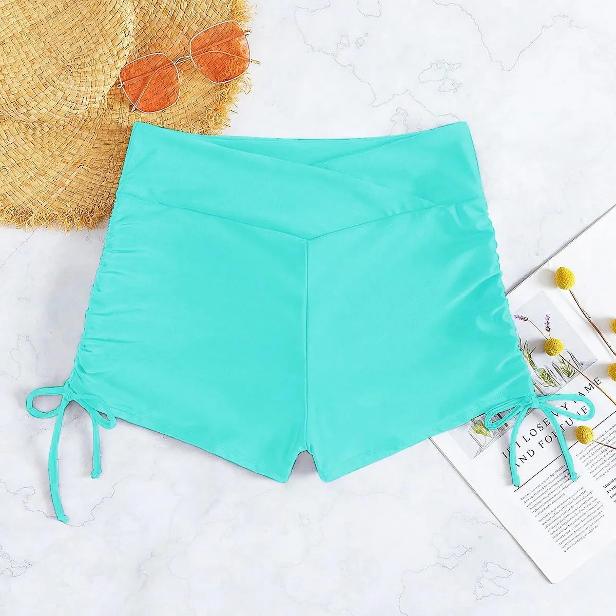 Women's V Cross High Waisted Swim Shorts Ruched Side Tie Boy Shorts Swimsuit Bottoms with Liner