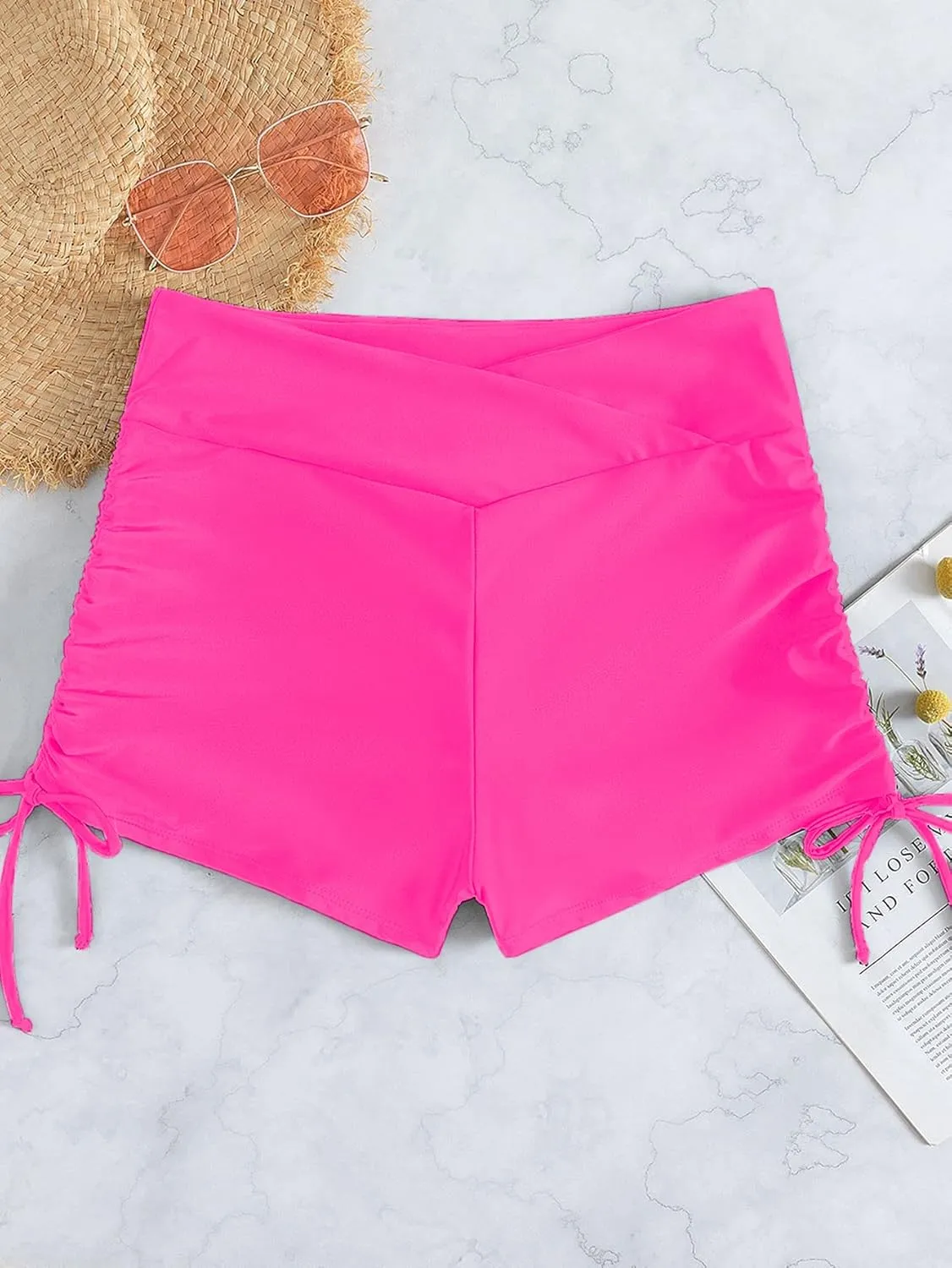 Women's V Cross High Waisted Swim Shorts Ruched Side Tie Boy Shorts Swimsuit Bottoms with Liner